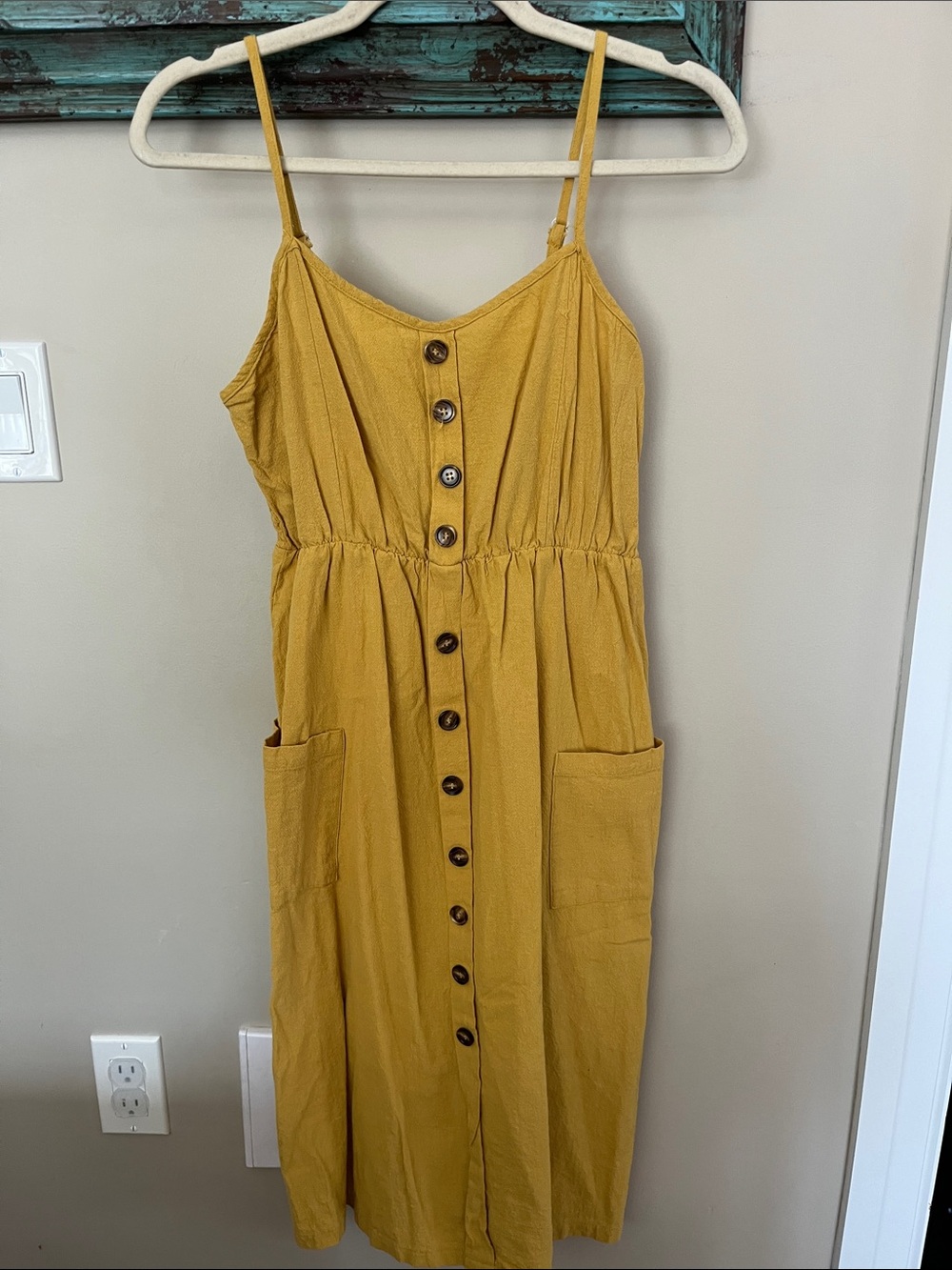 Mustard Yellow Button-Front Spaghetti Strap Dress
